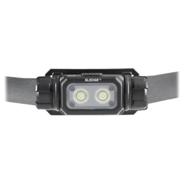 Streamlight Sledge Headlamp, black front view with two LEDs, wide headband and top handle