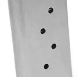 Sig Sauer P938 Magazine, angled front view of silver metal magazine