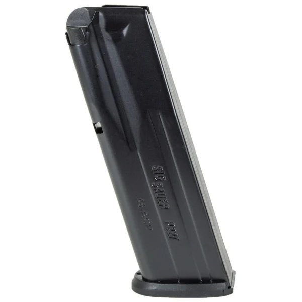 Sig Sauer P227 Magazine, angled front view of black magazine with extended base plate