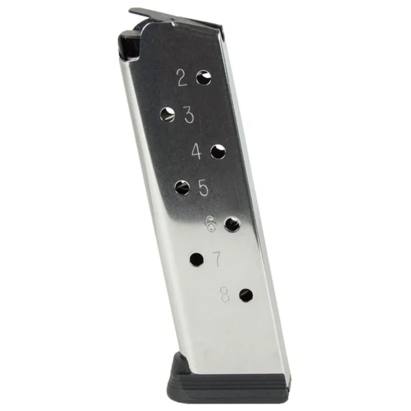 Sig Sauer 1911 Full Size Magazine in silver and black, angled side view with witness holes