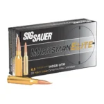 Sig Sauer Elite Match Rifle Ammunition, black and grey box with two brass cartridges