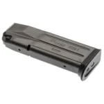 Sig Sauer P229 Flush Fit magazine, gray angled side view with witness holes and black baseplate