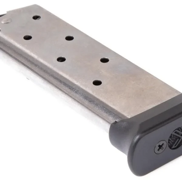 Sig Sauer P938 Legion magazine, angled view with silver body, black baseplate and witness holes