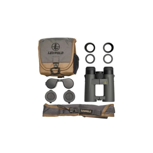Leupold BX-4 Pro Guide HD Gen 2 shadow grey binoculars with case, caps and strap, front view