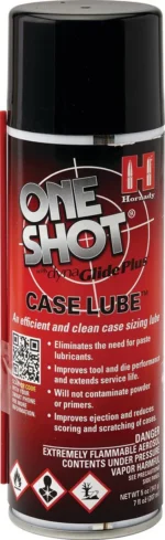 Hornady One Shot Spray Case Lube, front view of red and black aerosol can