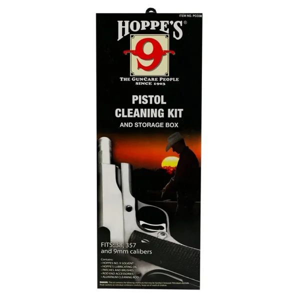 Hoppe's .38 CLMSHELL PISTL CLEANING KIT black retail box front with pistol graphic