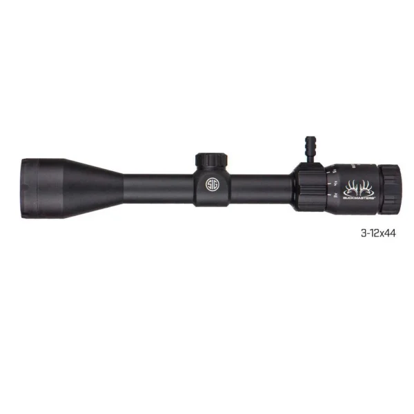 Sig Sauer Buckmasters rifle scope, black right-side view with adjustment turrets and wide objective