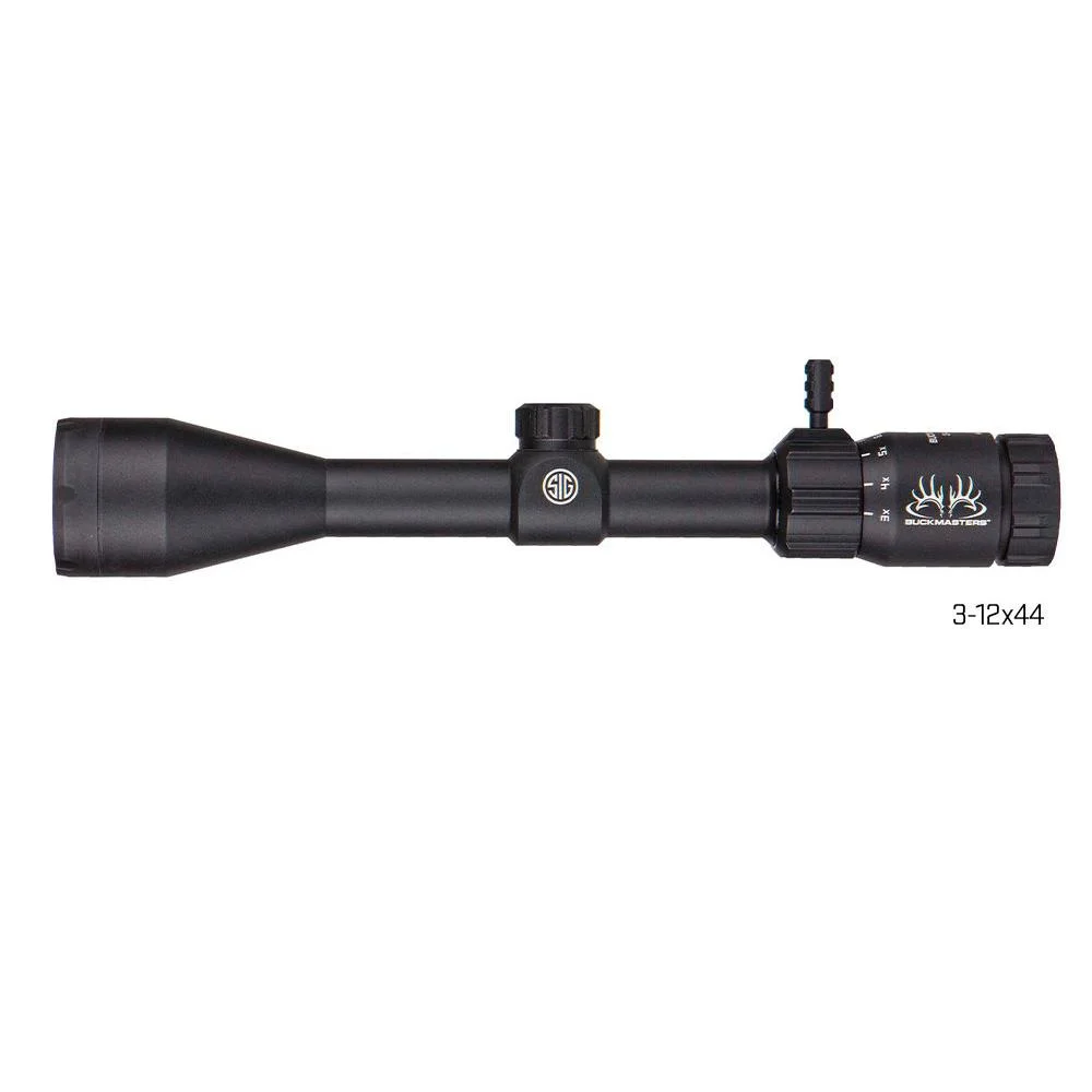 primary-54553 Sig Sauer Buckmasters rifle scope, black right-side view with adjustment turrets and wide objective