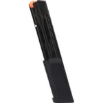 Sig Sauer P320 Extended Magazine, angled view of black magazine with orange follower