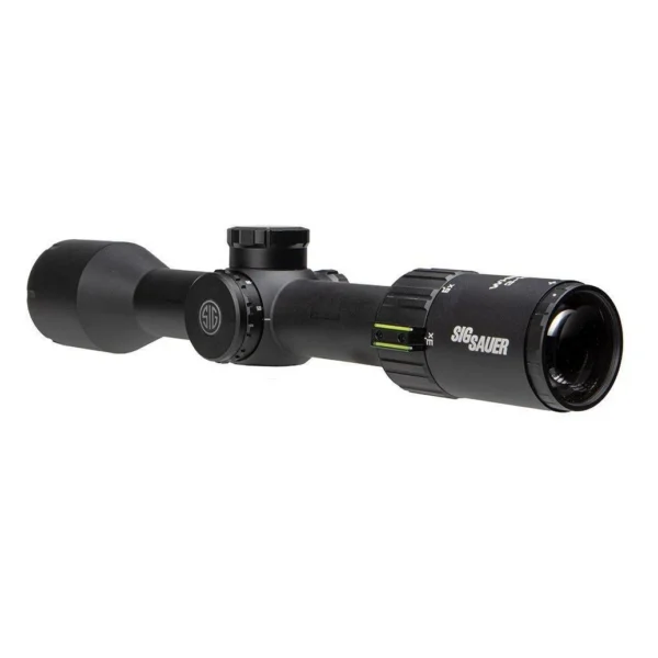 Sig Sauer WHISKEY6 Rifle Scope, black, angled side view with adjustment turrets