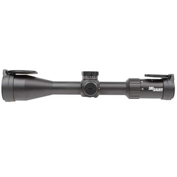 Sig Sauer Whiskey 4 black rifle scope, side view with adjustment turrets and lens cap