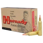 Hornady Varmint Express Rifle Ammunition box with two brass cartridges, front and right-side view