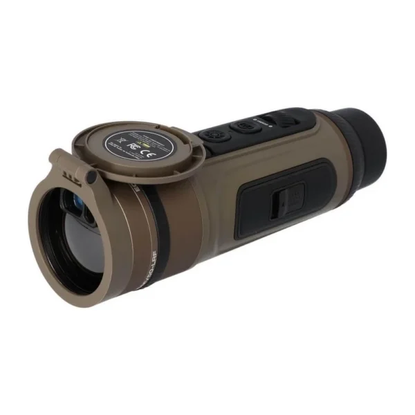 Sig Sauer ECHO MV50-LRF thermal monocular, angled right-side view in brown with rubber eyecup
