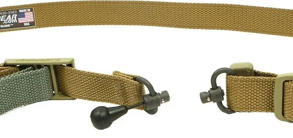 Blue Force Gear Vickers 2-to-1 Sling, coyote brown laid flat with red swivel and nylon adjuster