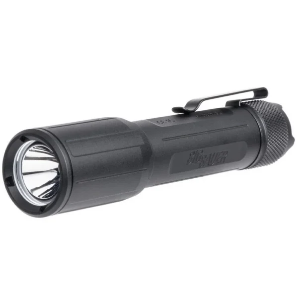 Sig Sauer Foxtrot-EDC black handheld flashlight, angled side view with pocket clip