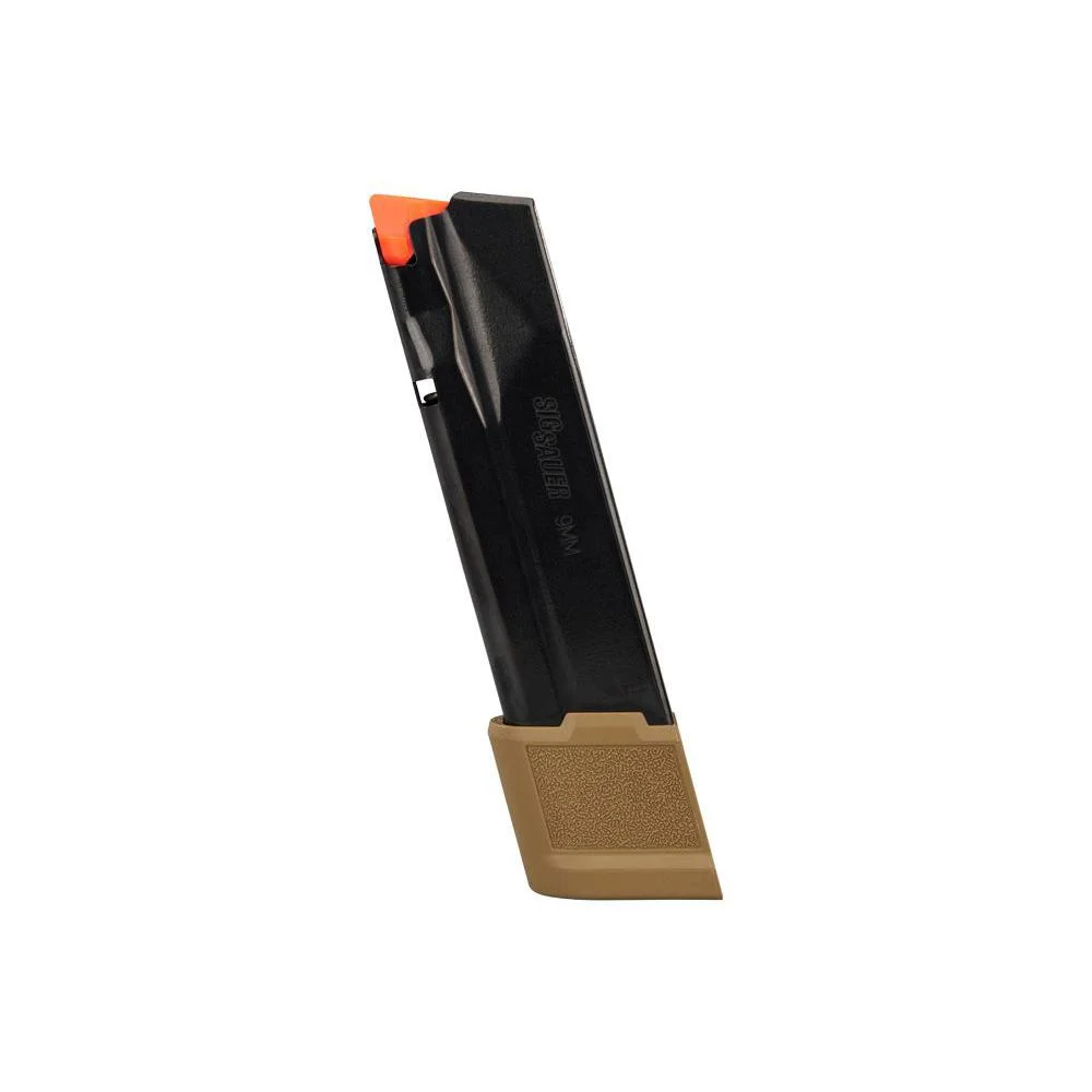 primary-54593 Sig Sauer P365 X-Macro Extended Magazine in black with coyote baseplate, angled view