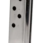 Walther MAG WAL PPK magazine, front view of silver metal magazine with black base plate
