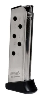 Walther MAG WAL PPK magazine, front view of silver metal magazine with black base plate