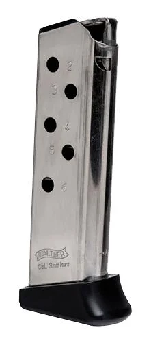 Walther MAG WAL PPK magazine, front view of silver metal magazine with black base plate