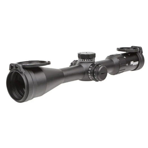 Sig Sauer Whiskey 4 Rifle Scope, black angled side view with adjustment turrets and lens caps