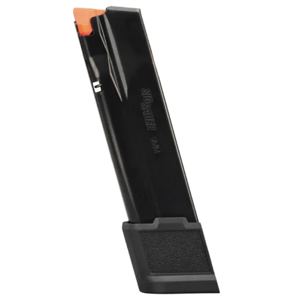 Sig Sauer P365 X-MACRO extended handgun magazine, black angled view with orange follower