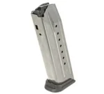 MAG RUGER AMERICAN/PC 9MM, silver magazine angled left with witness holes and black baseplate