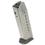 MAG RUGER AMERICAN/PC 9MM, silver magazine angled left with witness holes and black baseplate