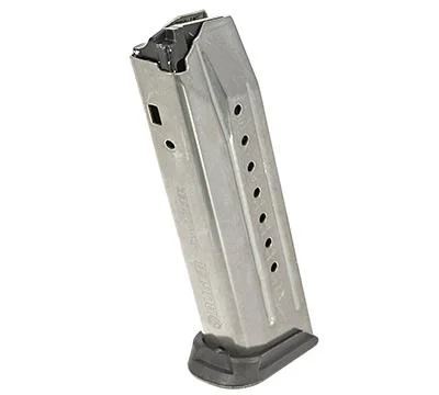 MAG RUGER AMERICAN/PC 9MM, silver magazine angled left with witness holes and black baseplate