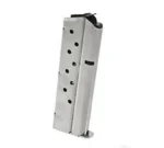 MAG RUGER SR1911 9MM, silver magazine angled right with witness holes and black follower