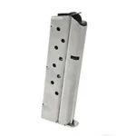 MAG RUGER SR1911 9MM, silver magazine angled right with witness holes and black follower