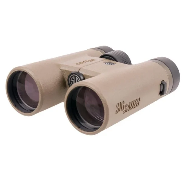 Sig Sauer Canyon HD Binocular, angled front view in FDE with large objective lenses and black eyecups