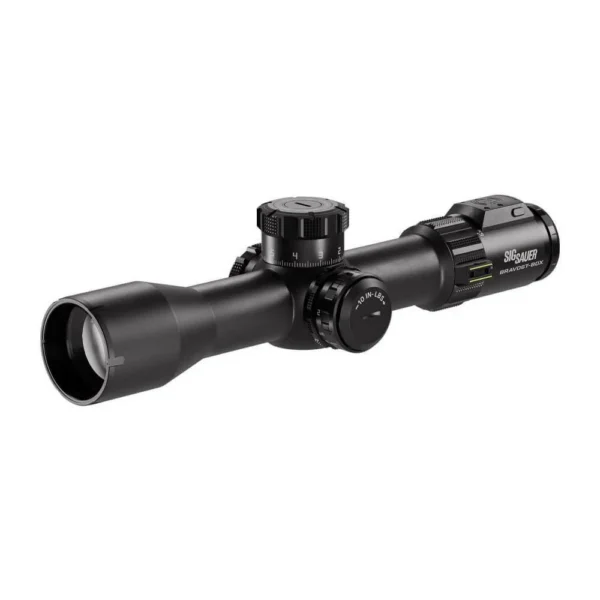Sig Sauer Bravo6T-BDX, black angled side view with objective bell, adjustment turrets and eyepiece