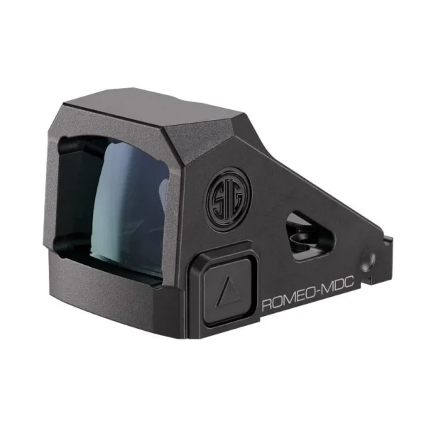 Sig Sauer Romeo-MDC black red dot sight, front-left view showing tinted lens and side button