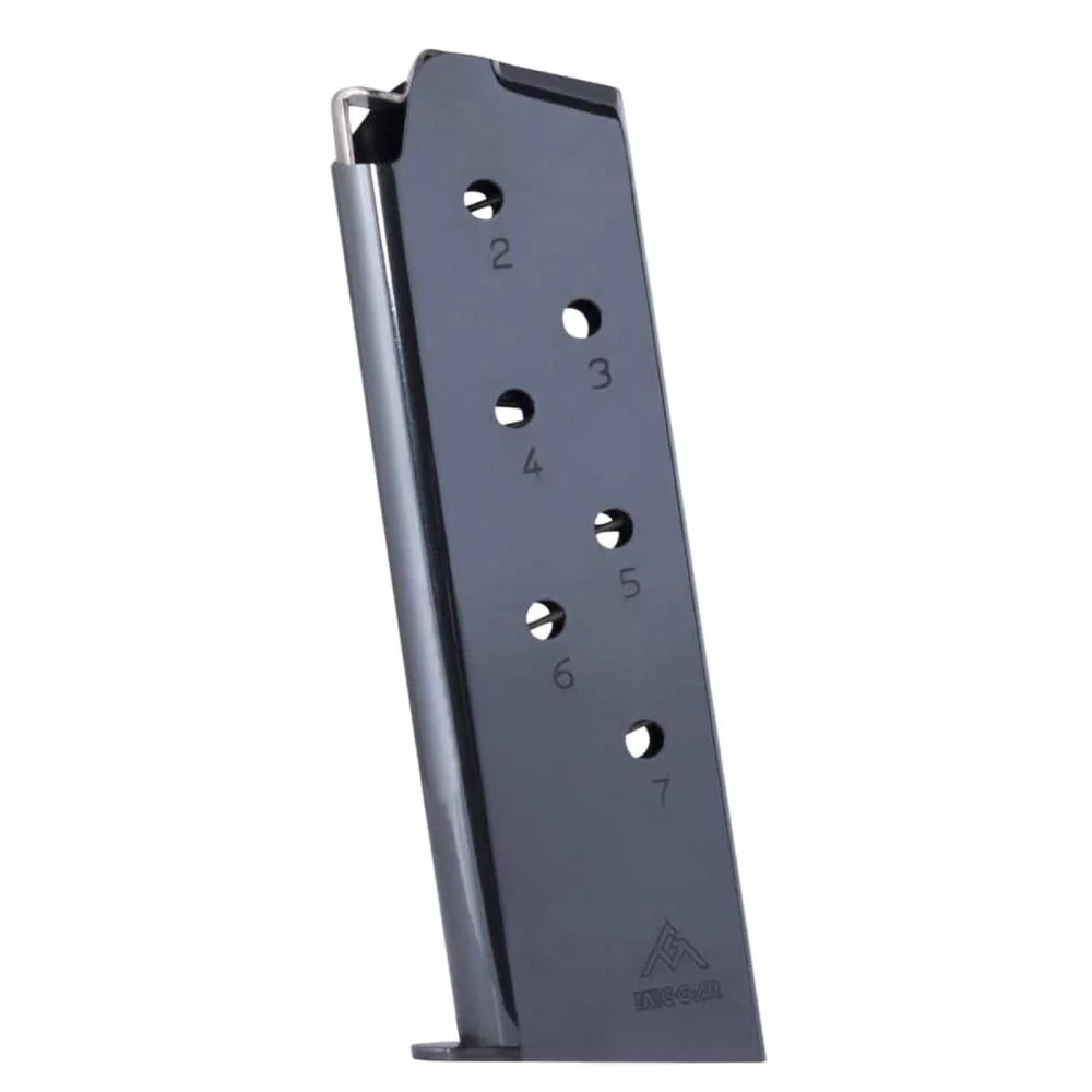primary-54696 Mec-Gar 1911 Full Size handgun magazine, blued side view with numbered witness holes