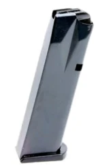 ProMag Browning Hi-Power magazine, angled blued-steel side view with black base plate