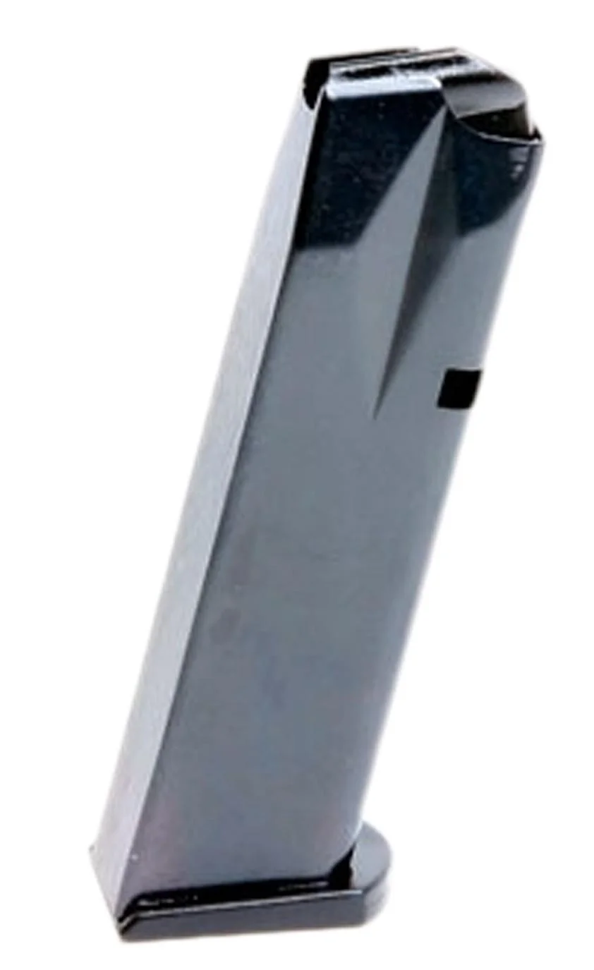 primary-54697 ProMag Browning Hi-Power magazine, angled blued-steel side view with black base plate
