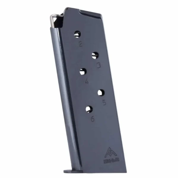 Mec-Gar 1911 Officer/Compact Handgun Magazine, blued angled view with witness holes