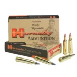Hornady HRNDY 223REM 55GR VMAX 20/200, ammunition boxes with brass cartridges and red tips