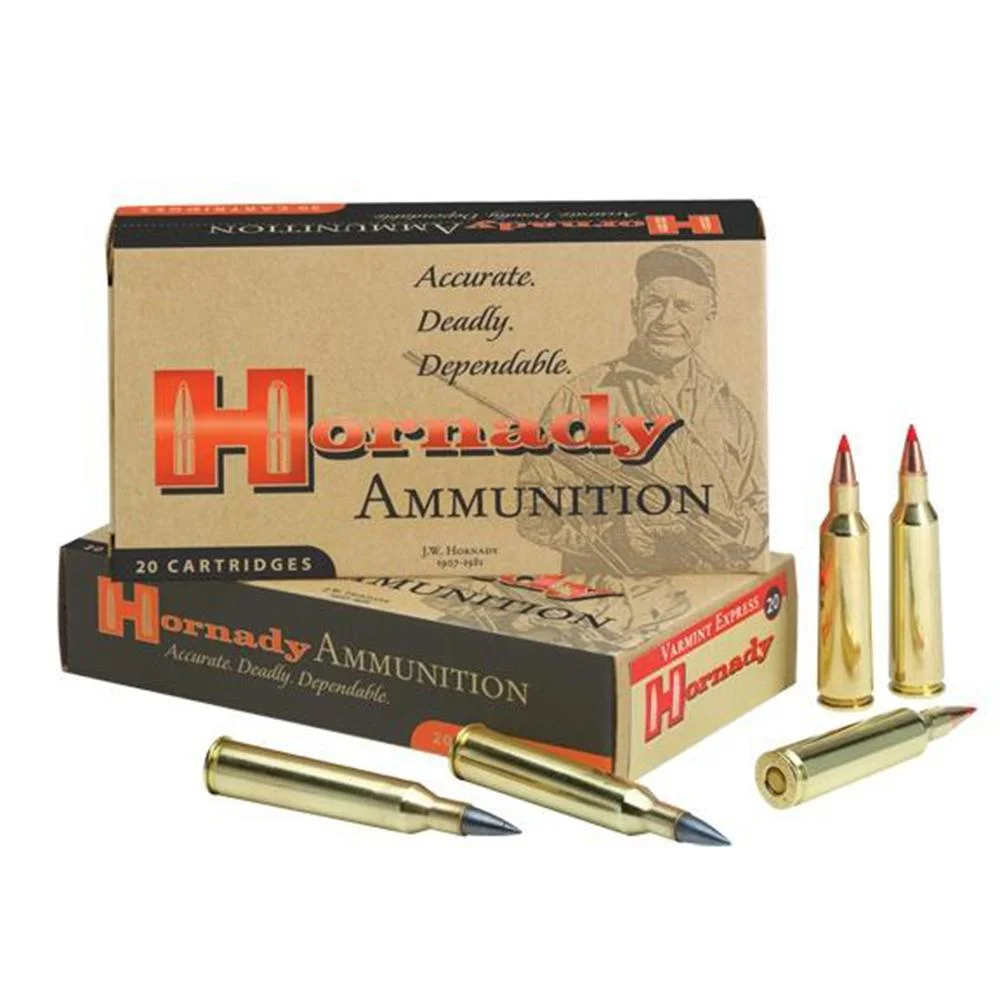 primary-54715 Hornady HRNDY 223REM 55GR VMAX 20/200, ammunition boxes with brass cartridges and red tips