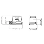 Meprolight MEPRO RED MPO PRO-S, black reflex sight shown in front and side diagrams