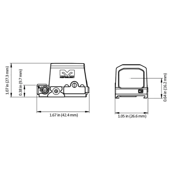 Meprolight MEPRO RED MPO PRO-S, black reflex sight shown in front and side diagrams