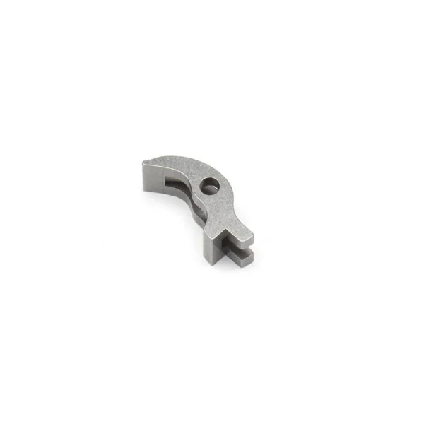 Ed Brown Handgun Perfection Sear, silver angled view with curved top and machined notches