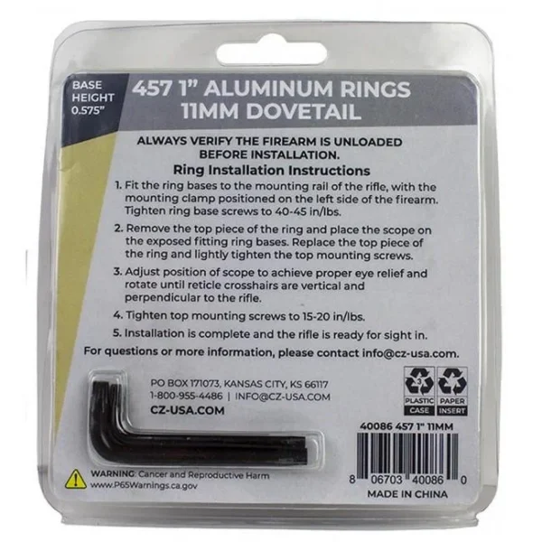 Cz-Usa Firearms CZ Rings 457 455 1" 11mm Dovetail Aluminum Base Height 0.575"