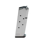 Ed Brown 1911 Handgun Magazine, stainless steel front view with black base and follower