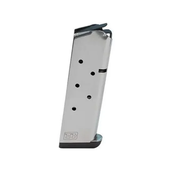 Ed Brown 1911 Handgun Magazine, stainless steel front view with black base and follower