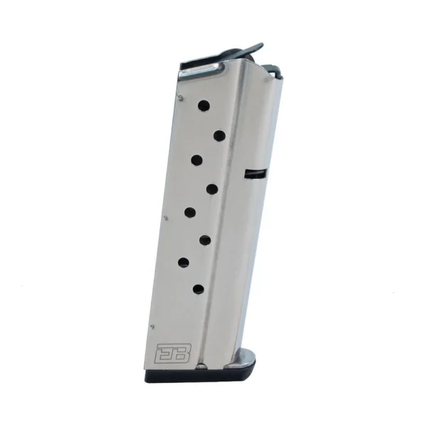 Ed Brown Handgun Magazine, angled side view of silver body with witness holes and black base