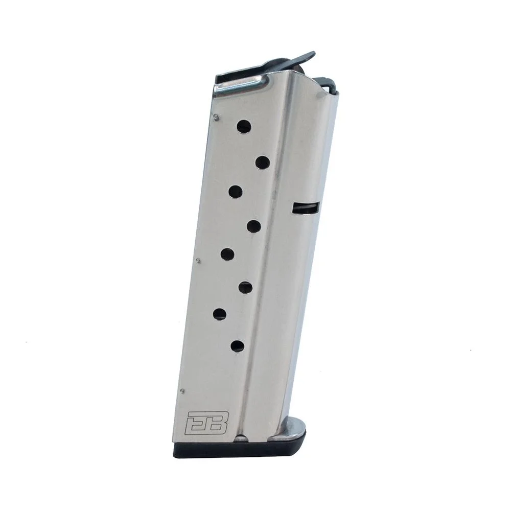 primary-54751 Ed Brown Handgun Magazine, angled side view of silver body with witness holes and black base