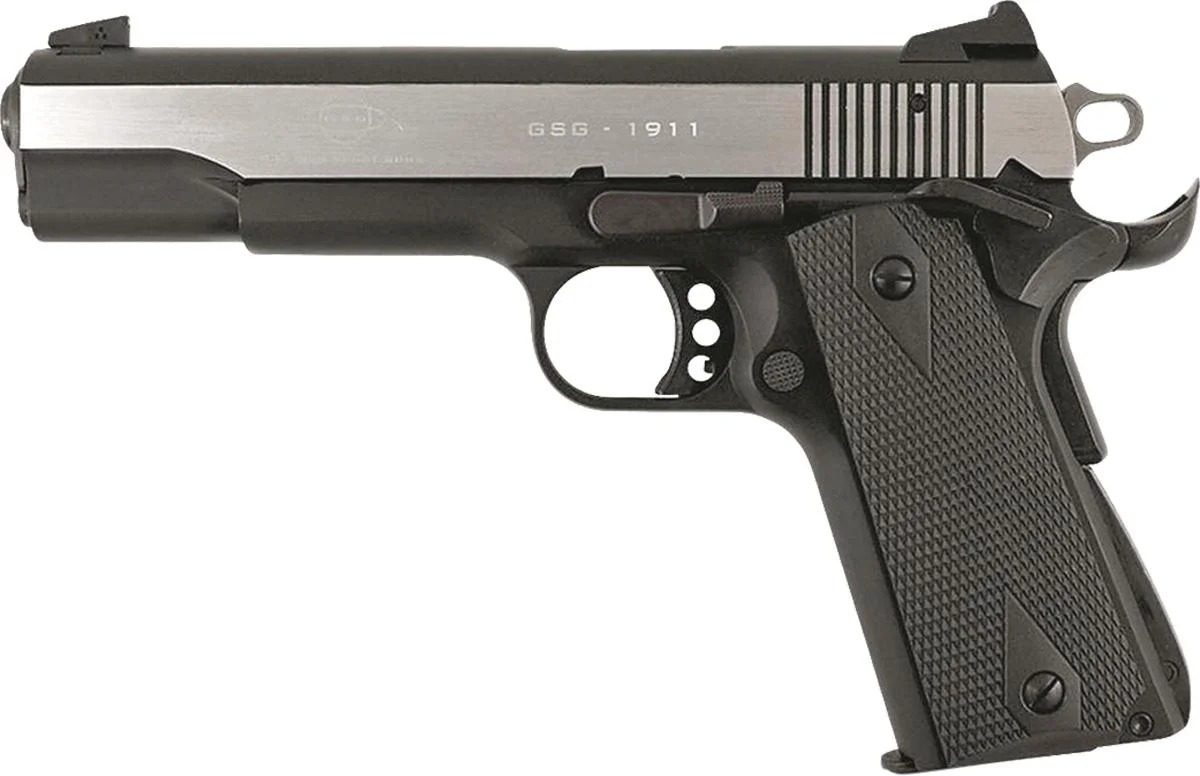 primary-54776 American Tactical ATI GSG M1911 pistol, side view with polished slide and black textured grip