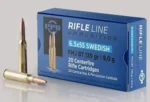Prvi Partizan PPU 6.5X55 Swedish FMJ ammunition box with three brass cartridges
