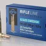 Prvi Partizan PPU 6.5X55 Swedish FMJ ammunition box with three brass cartridges